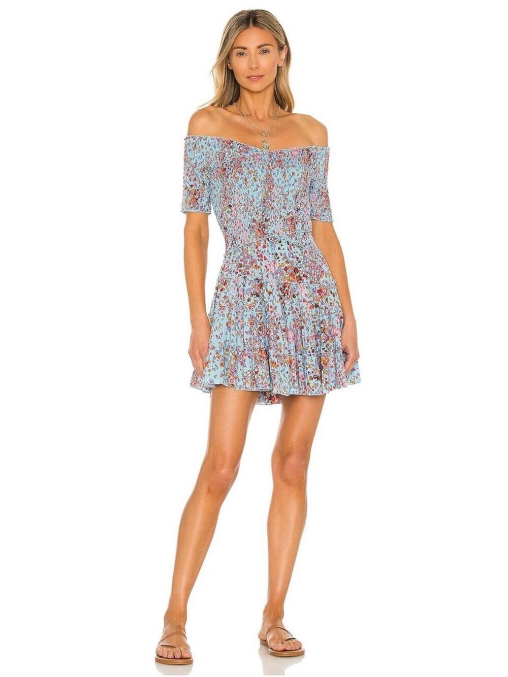 Poupette St. Barth Soledad Mini Dress Floral Off-Shoulder in Sky Blue Murrina